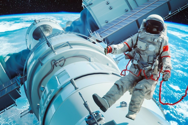 astronaut floating outside of a satellite in zero gravity space