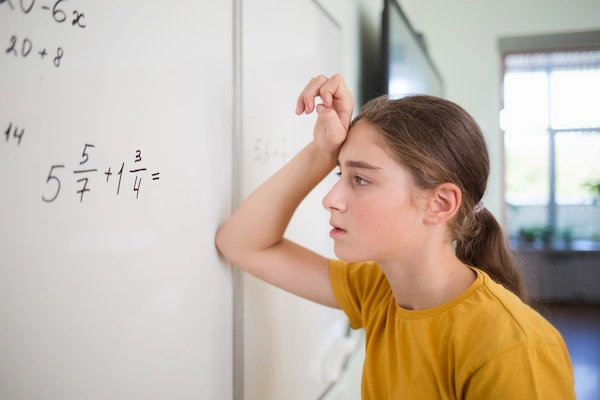 exasperated 9th grade student leaning on the white board trying to add fractions